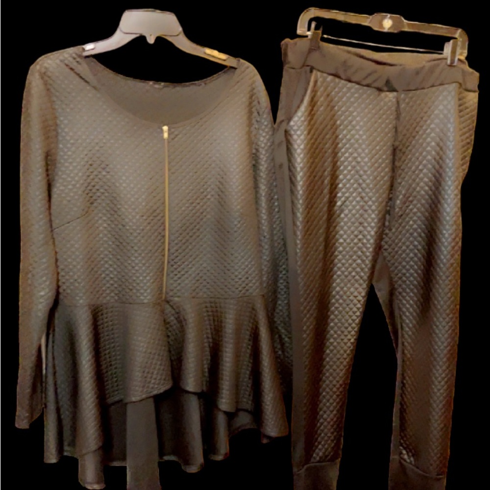 Black snakeskin, leather drawstring pants and zipper on top two piece outfit